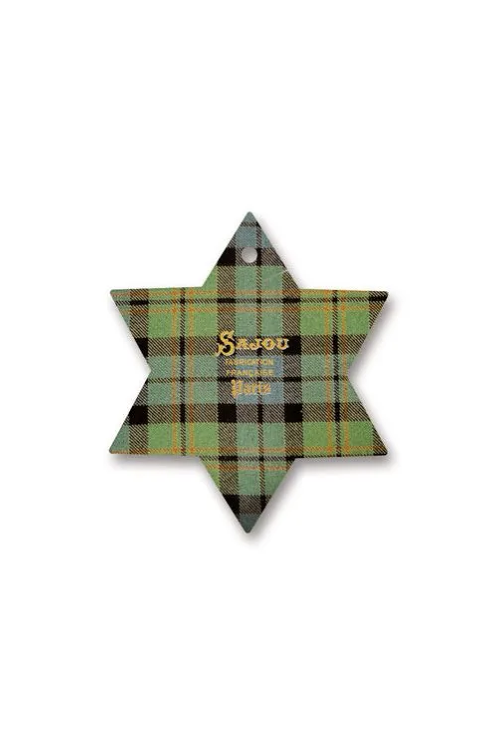 A six-pointed star Christmas thread card featuring a green, black, and yellow tartan plaid pattern with gold foil text reading 'Sajou Family Tree'.