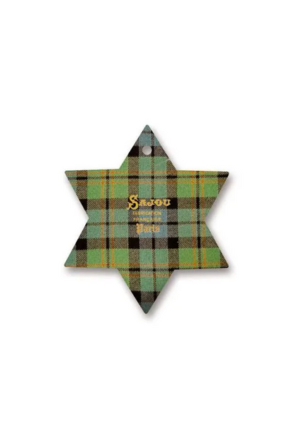 A six-pointed star Christmas thread card featuring a green, black, and yellow tartan plaid pattern with gold foil text reading 'Sajou Family Tree'.