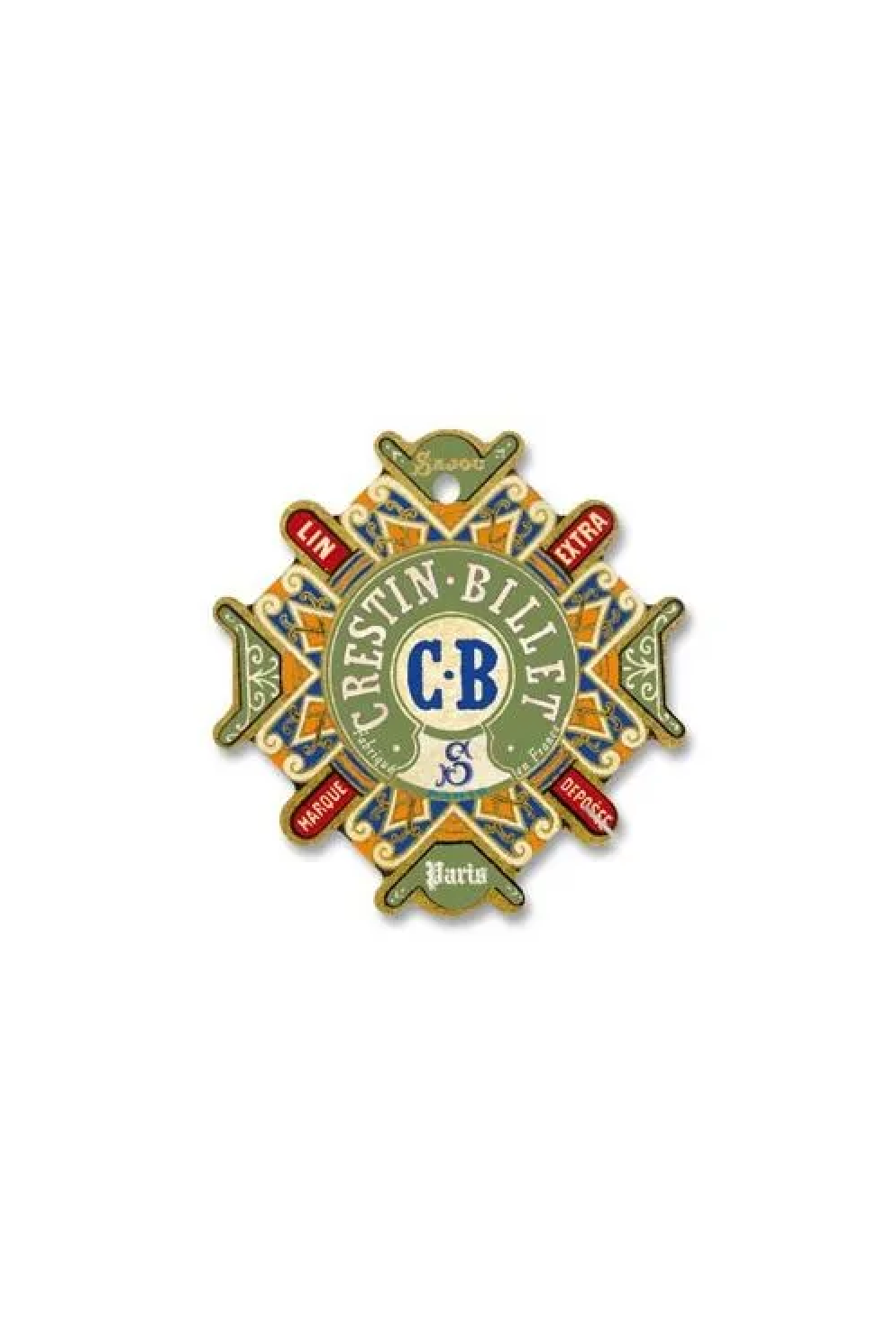 A vintage-style decorative thread card with the text 'Crestin-Bliss' and 'CB S Paris,' featuring ornate green, gold, red, and blue details, placed on a white background.