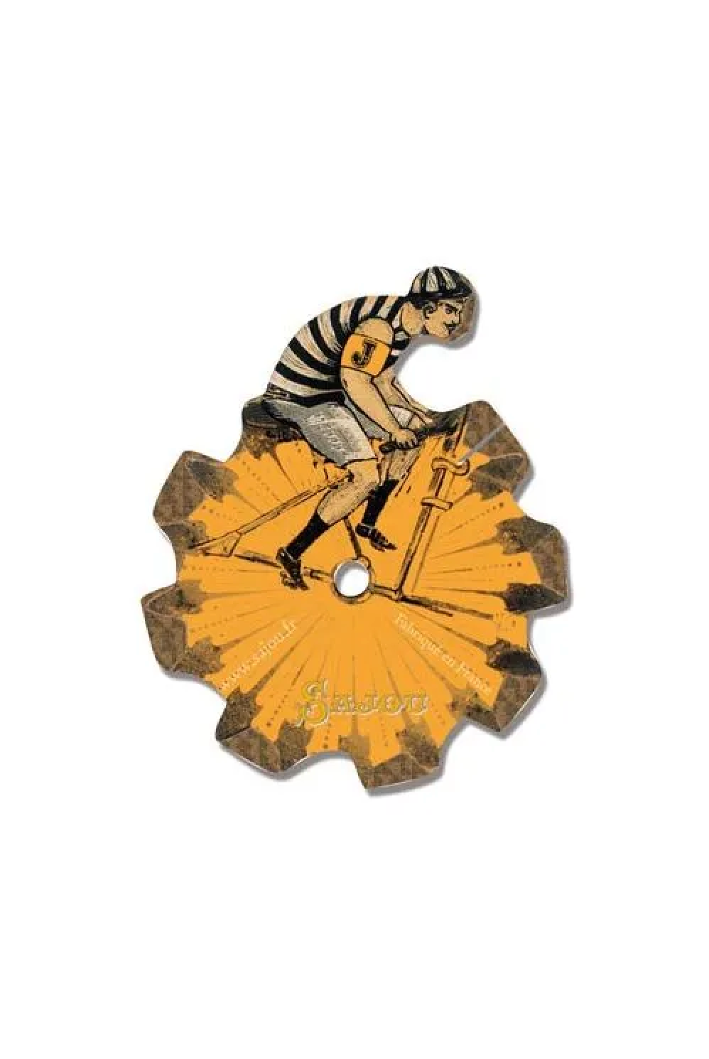 A vintage-style illustrated thread card featuring a baseball player in a black-and-white striped uniform riding a yellow bicycle, placed on a white background.