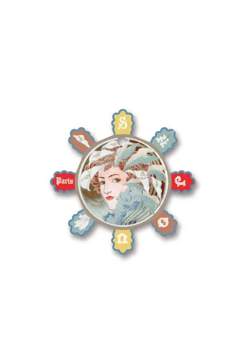 A vintage-style circular thread card with a central portrait of a woman surrounded by eight petal-like segments with letters and colors, displayed on a white background.
Photo by Sajou.fr [additional_image_link]