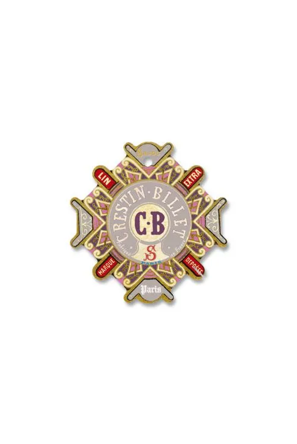 A vintage-style decorative thread card with the text 'Crestin-Bliss' and 'CB S Paris,' featuring ornate grey, gold, pink, and orange details, placed on a white background.
Photo by Sajou.fr [additional_image_link]