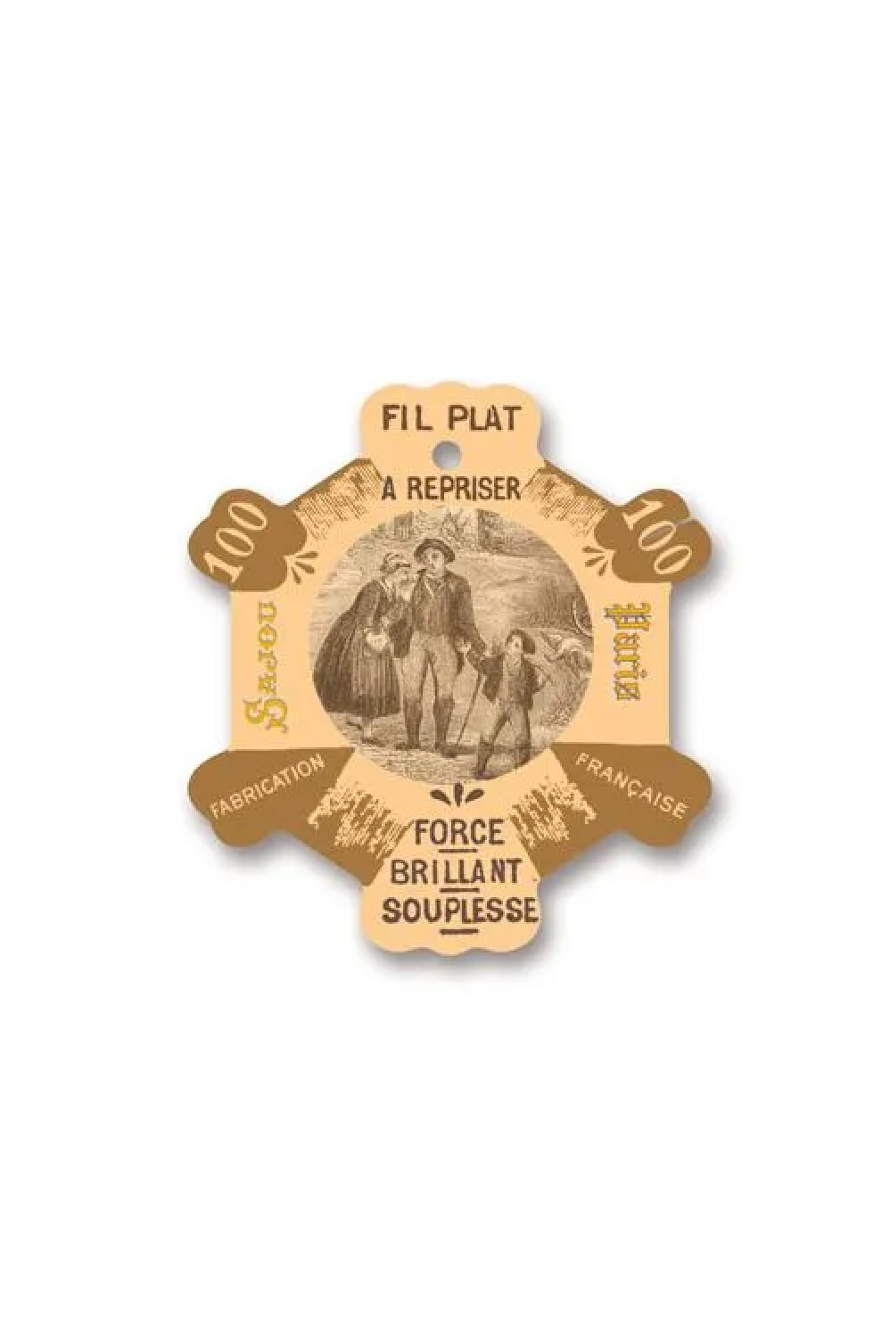 A vintage French thread card for the 100th Infantry Regiment, featuring a central illustration of soldiers and text including 'FIL PLAT A REPRISER' and 'FORCE BRILLANT SOUPLESSE', displayed on a white background.
Photo by Sajou.fr [additional_image_link]