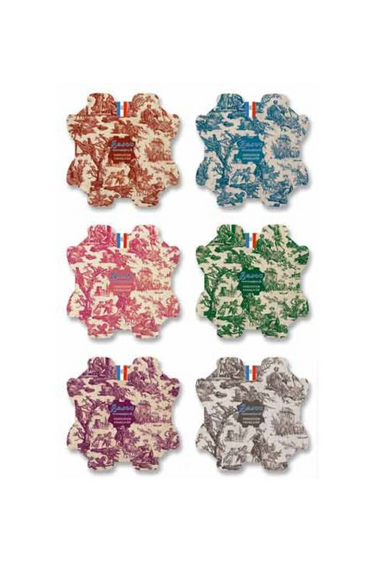 A set of six thread cards with a floral pattern in various colors including beige, brown, and green, each card with a different color background and a label in the corner.
[image_link]