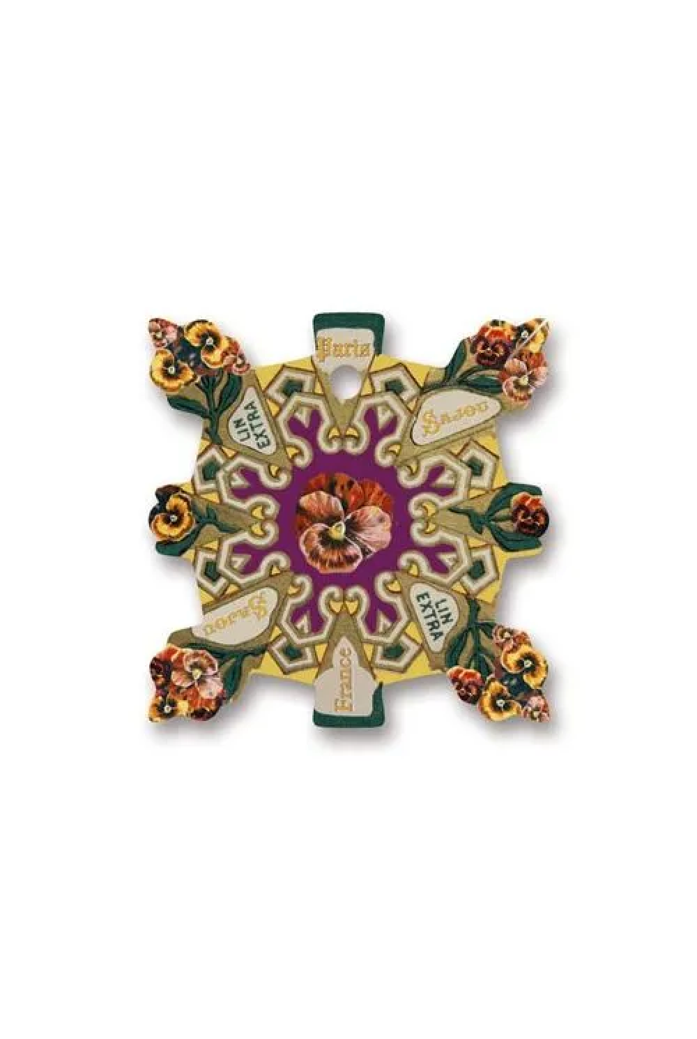 A decorative, symmetrical cross-shaped thread card featuring a central purple medallion with floral motifs and ornate gold, green, and cream baroque-style scrollwork.
Photo by Sajou.fr [additional_image_link]