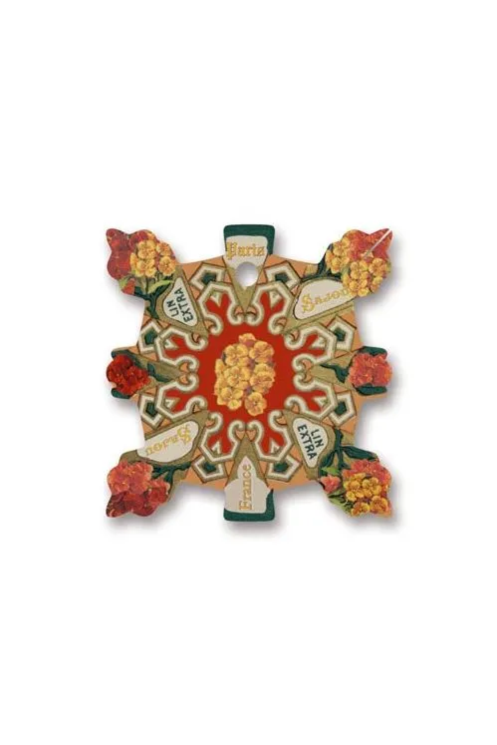 A decorative, symmetrical cross-shaped thread card featuring a central red medallion with floral motifs and ornate gold, green, and cream baroque-style scrollwork.
Photo by Sajou.fr [additional_image_link]