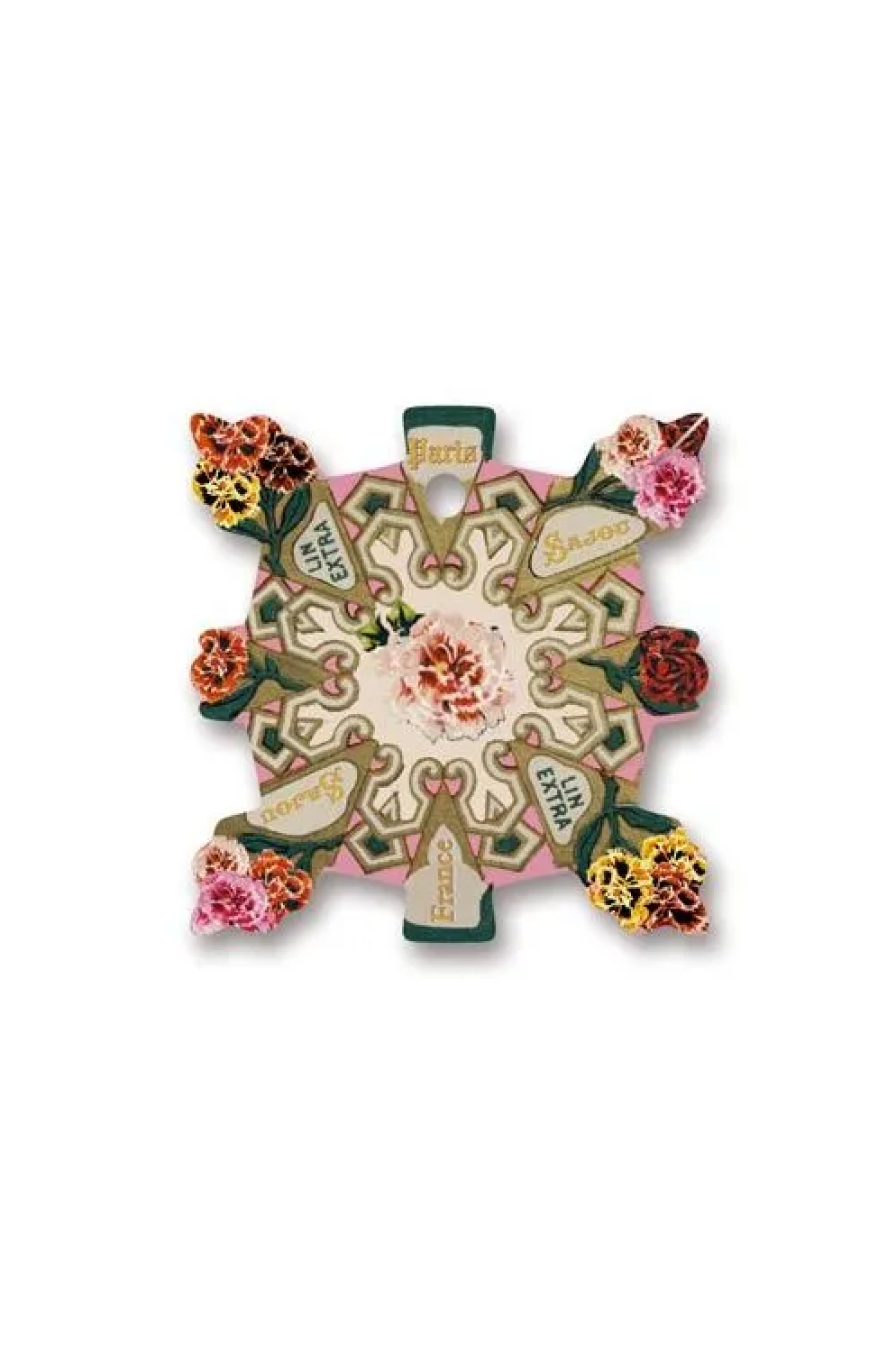 A decorative, symmetrical cross-shaped thread card featuring intricate floral and scrollwork patterns in pink, green, gold, and brown on a white background.
Photo by Sajou.fr [additional_image_link]