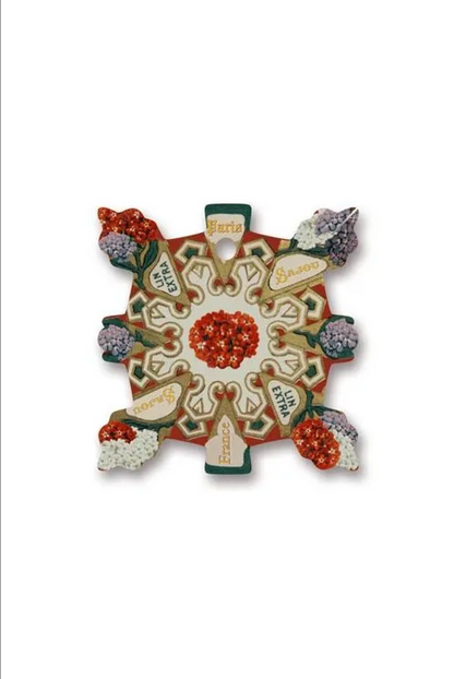 A decorative, symmetrical cross-shaped thread card featuring intricate floral and scrollwork patterns in red, green, gold, and cream on a white background.
Photo by Sajou.fr [additional_image_link]