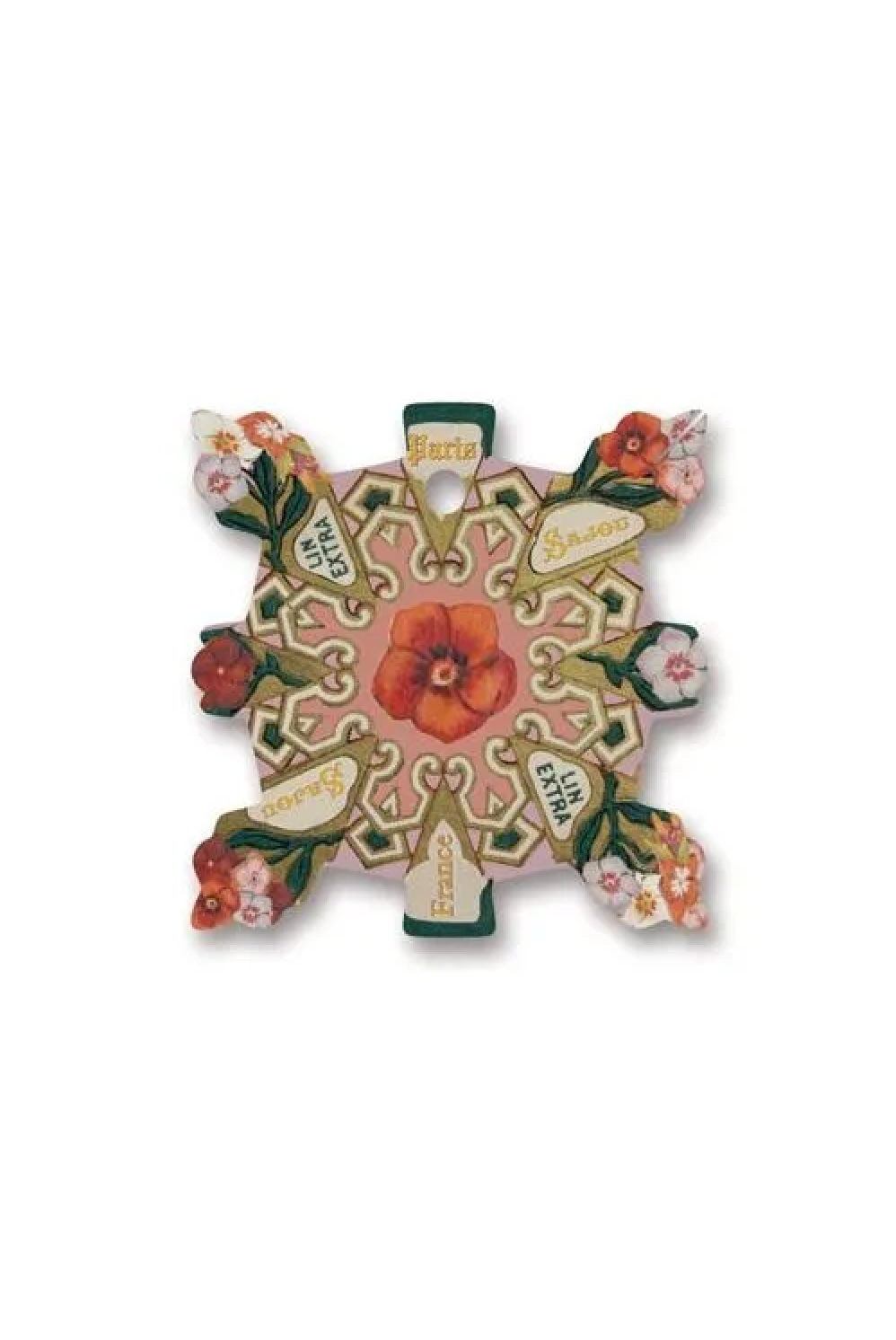 A decorative thread card with a floral and geometric pattern, featuring a central orange-red flower and ornate green, gold, and beige details, isolated on a white background.
Photo by Sajou.fr [additional_image_link]