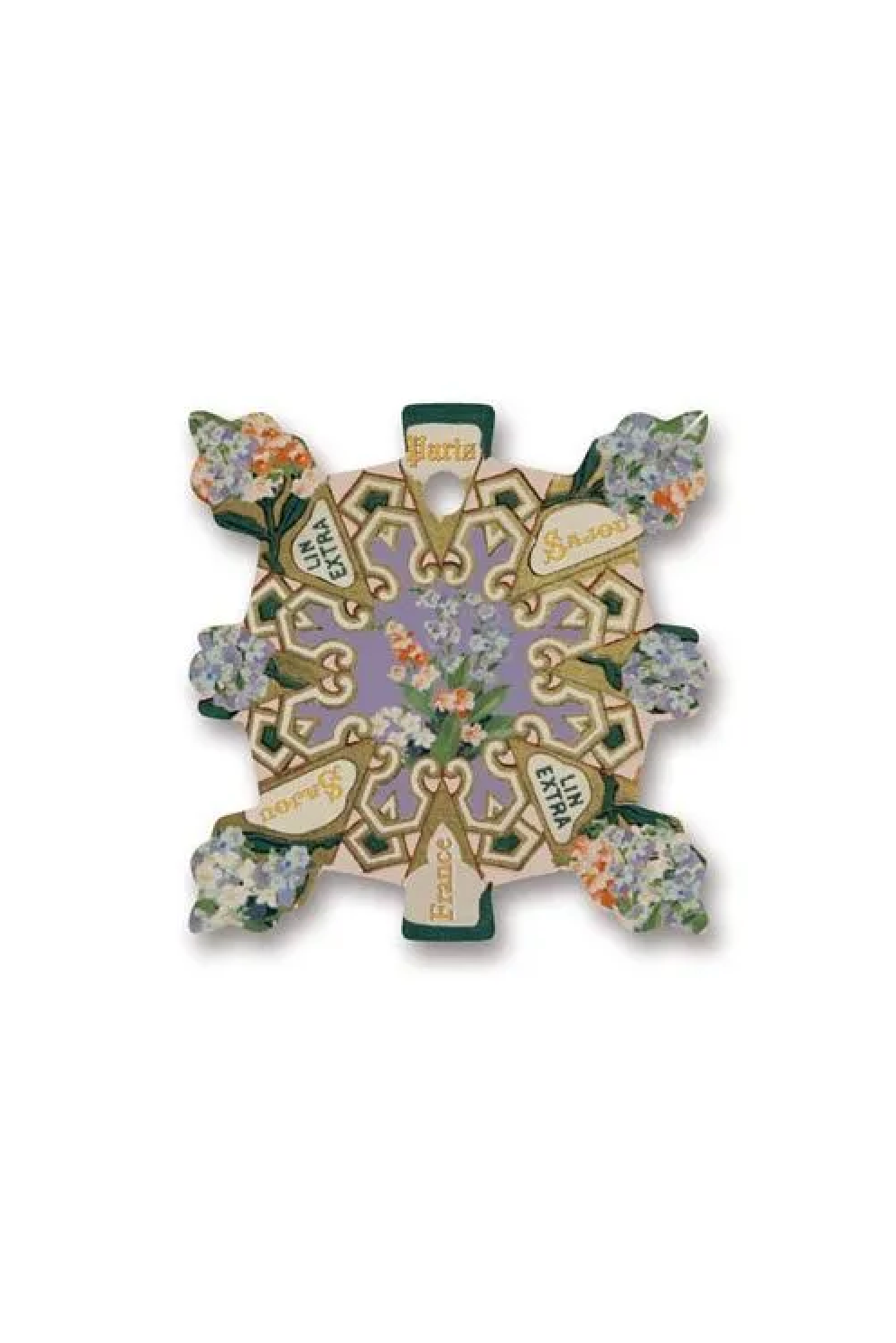 An ornate square decorative thread card featuring a lavender and gold baroque-style filigree center with floral accents in green, white, and gold, set against a plain white background.
Photo by Sajou.fr [additional_image_link]