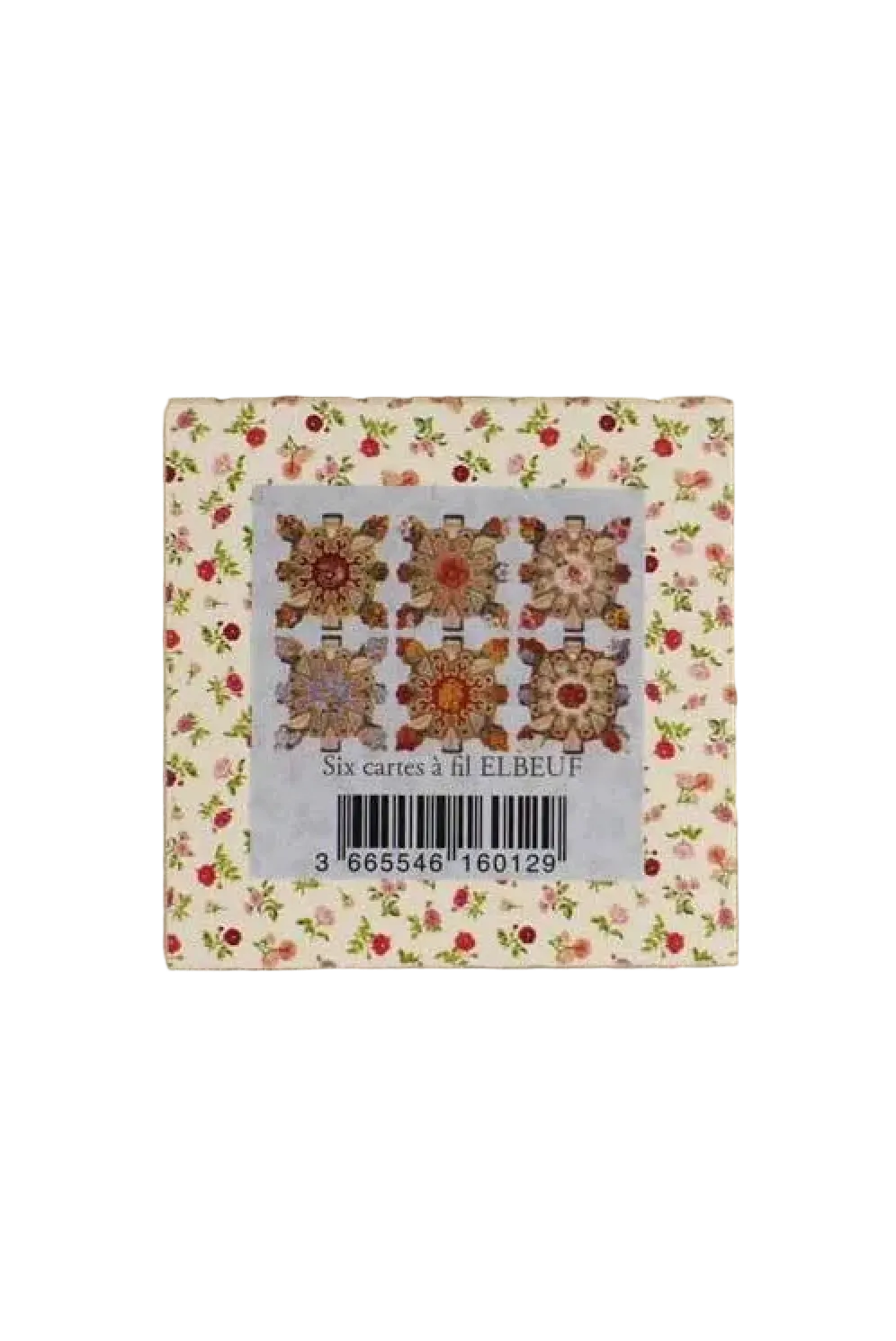 A packaged set of six Elbeuf cross-stitch patterns, featuring a floral border and a central label showing six detailed floral designs, set against a white background.
Photo by Sajou.fr [additional_image_link]