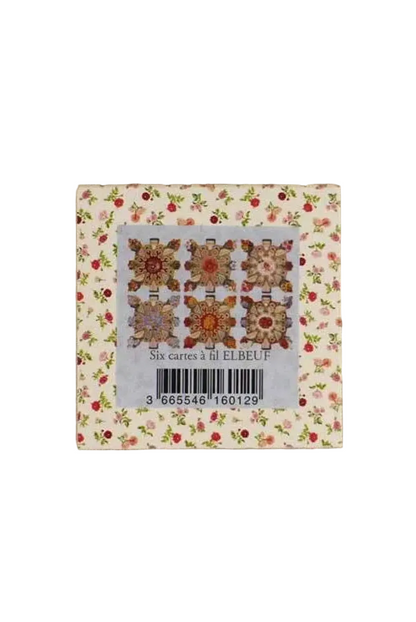 A packaged set of six Elbeuf cross-stitch patterns, featuring a floral border and a central label showing six detailed floral designs, set against a white background.
Photo by Sajou.fr [additional_image_link]
