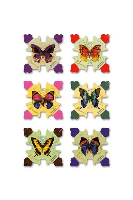A set of six thread cards with 3D embroidered butterfly designs on them, in various colors and shades, sold by Maison Sajou.
[image_link]