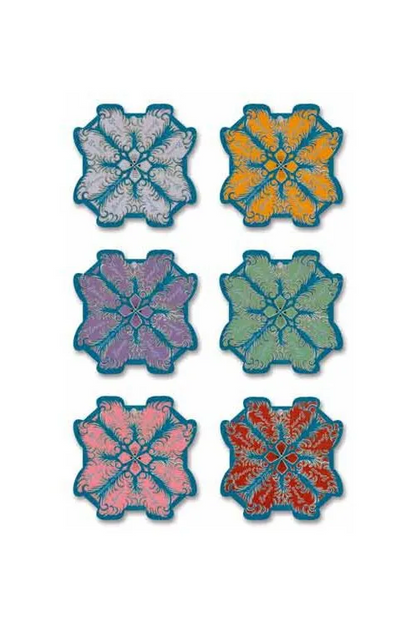 Six decorative thread cards with scalloped edges and a small hole at the top, arranged in a 2-by-3 grid on a white background. The cards feature different feather-like patterns in blue, purple, pink, green, orange, and red, with some showing distressed multicolor effects.
Photo by Sajou.fr [image_link]