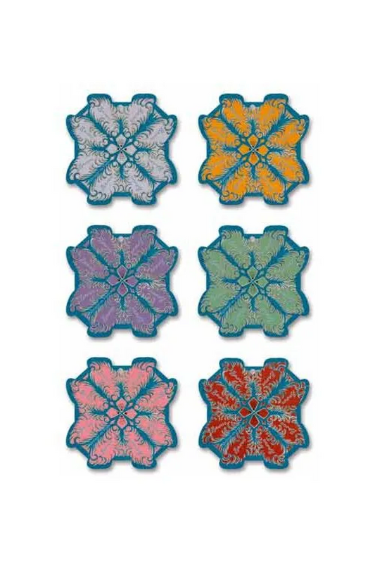 Six decorative thread cards with scalloped edges and a small hole at the top, arranged in a 2-by-3 grid on a white background. The cards feature different feather-like patterns in blue, purple, pink, green, orange, and red, with some showing distressed multicolor effects.
Photo by Sajou.fr [image_link]
