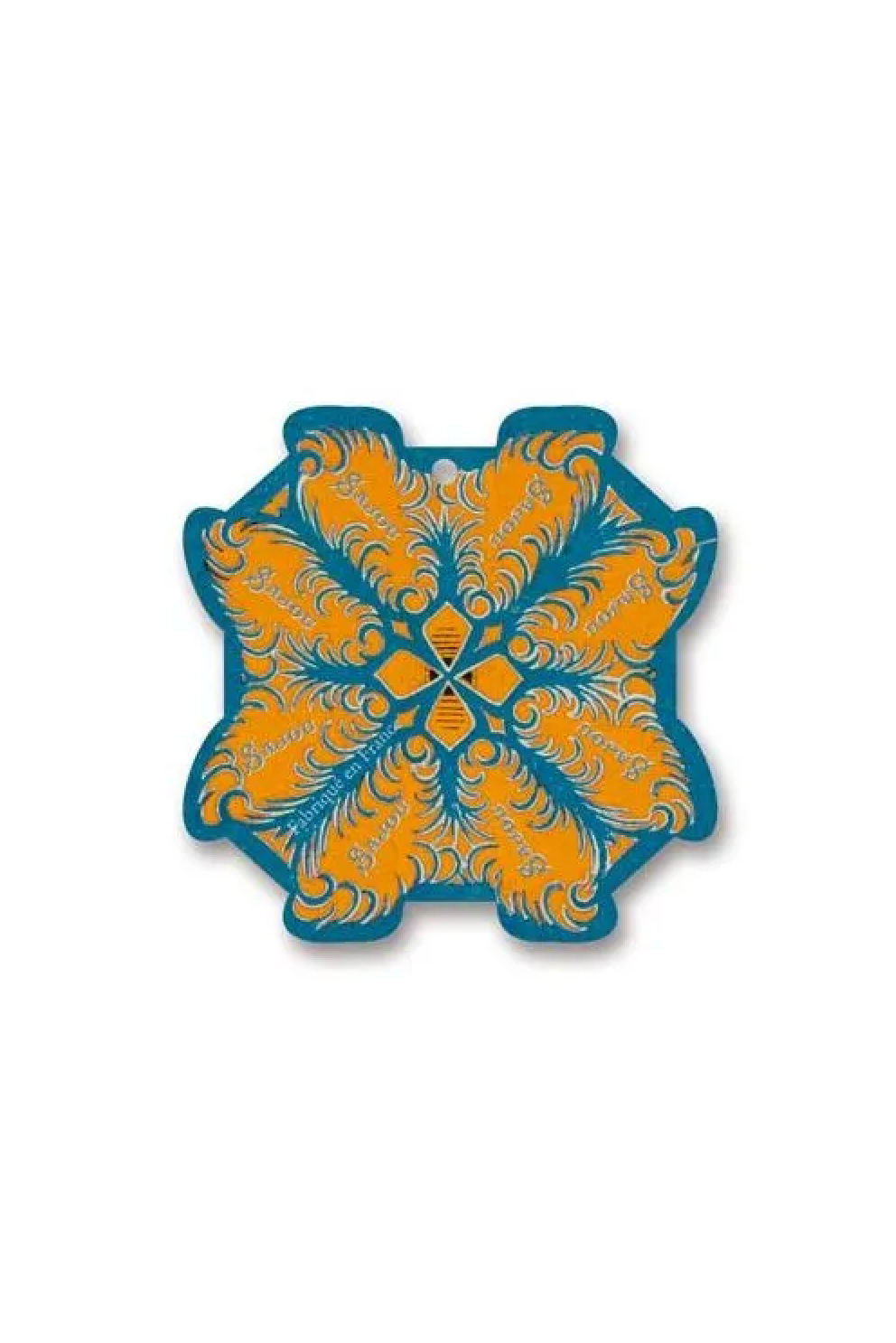 A snowflake-shaped thread card featuring an feather pattern in orange and blue, with a small silver hanging loop at the top, displayed on a white background.
Photo by Sajou.fr [additional_image_link]