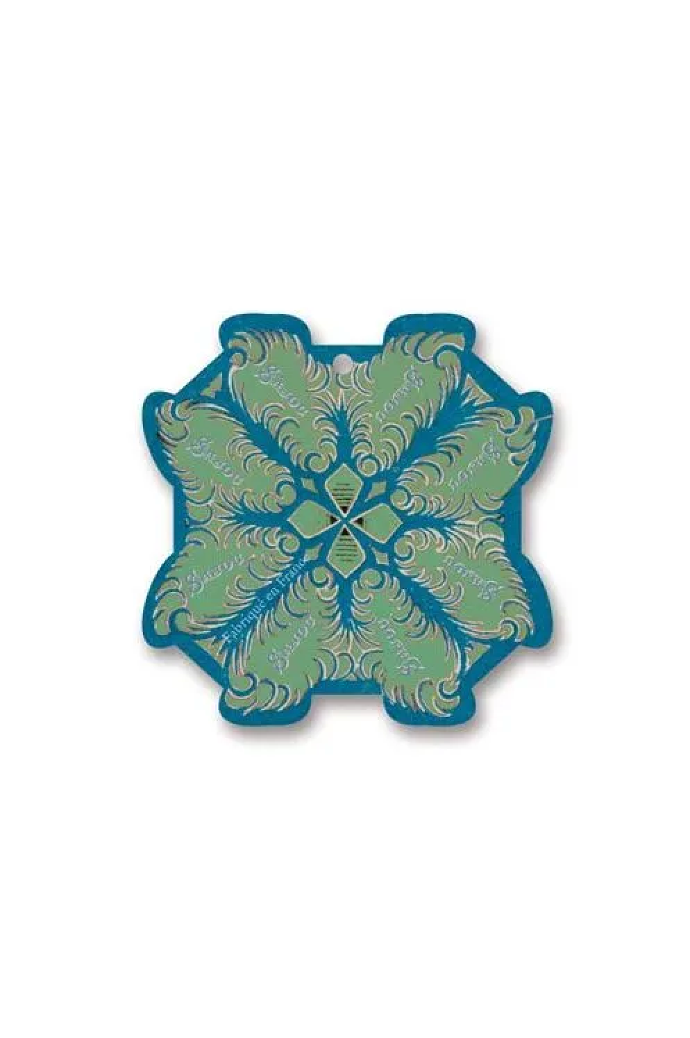 A decorative snowflake-shaped thread card with a blue border and a light green and white ornamental pattern, displayed on a white background.
Photo by Sajou.fr [additional_image_link]