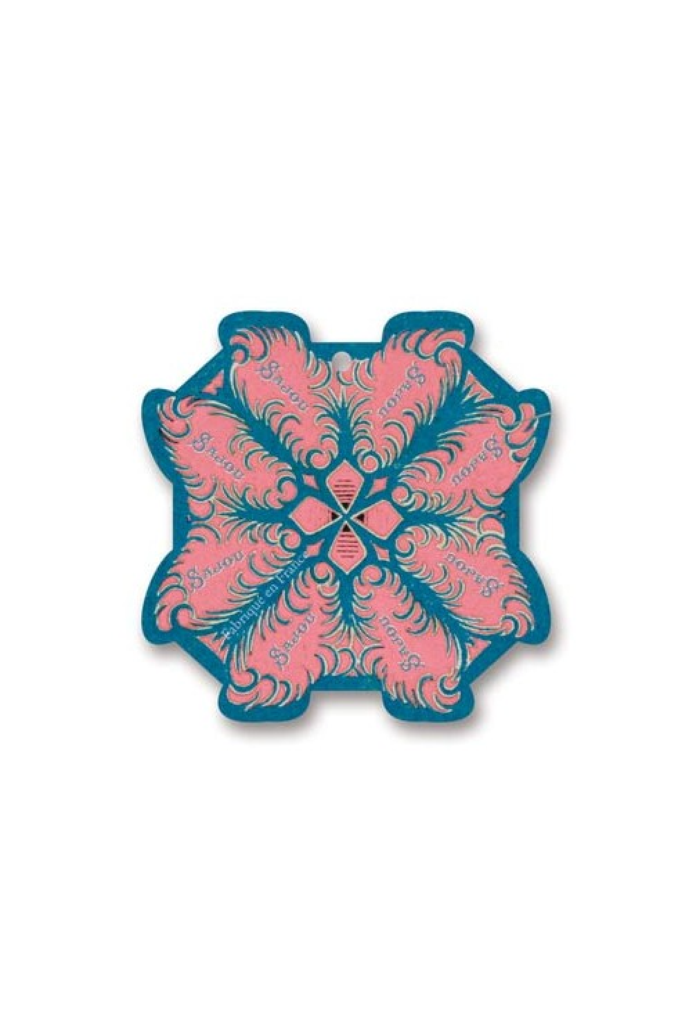 A decorative snowflake-shaped thread card with a pink and blue feather pattern, displayed on a white background.
Photo by Sajou.fr [additional_image_link]