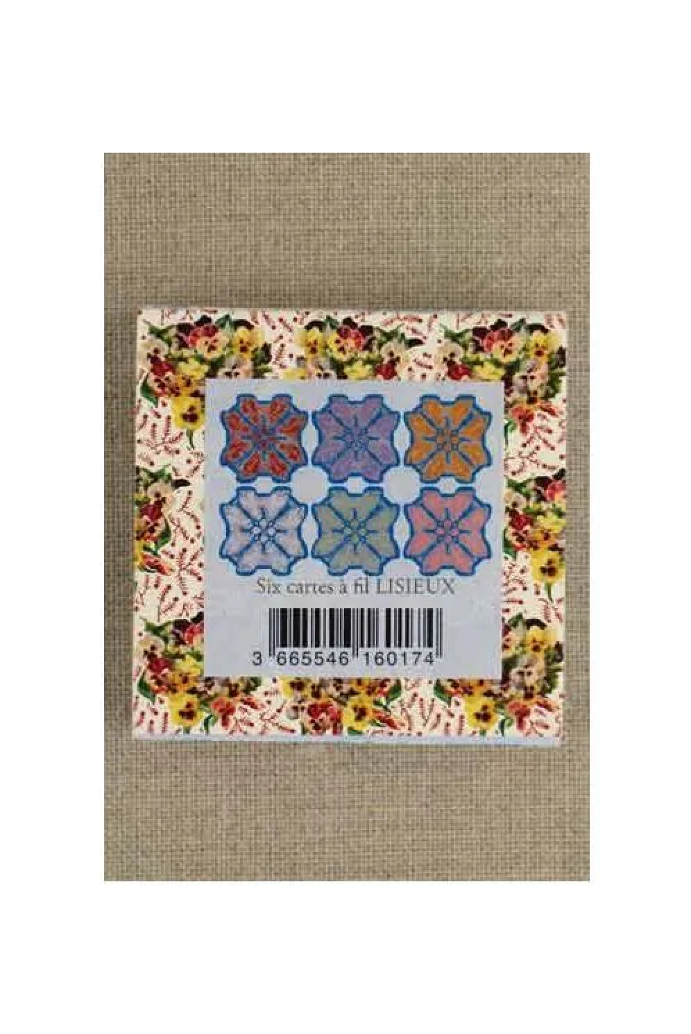A packaged set of six feather thread cards on a white background. The product features a central white label with a barcode and the French text 'Six cartes a fl LISIEUX', surrounded by a floral border with various colorful feather card.
Photo by Sajou.fr [additional_image_link]