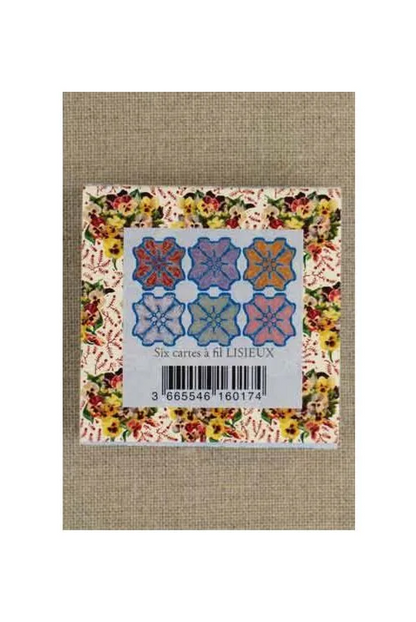 A packaged set of six feather thread cards on a white background. The product features a central white label with a barcode and the French text 'Six cartes a fl LISIEUX', surrounded by a floral border with various colorful feather card.
Photo by Sajou.fr [additional_image_link]