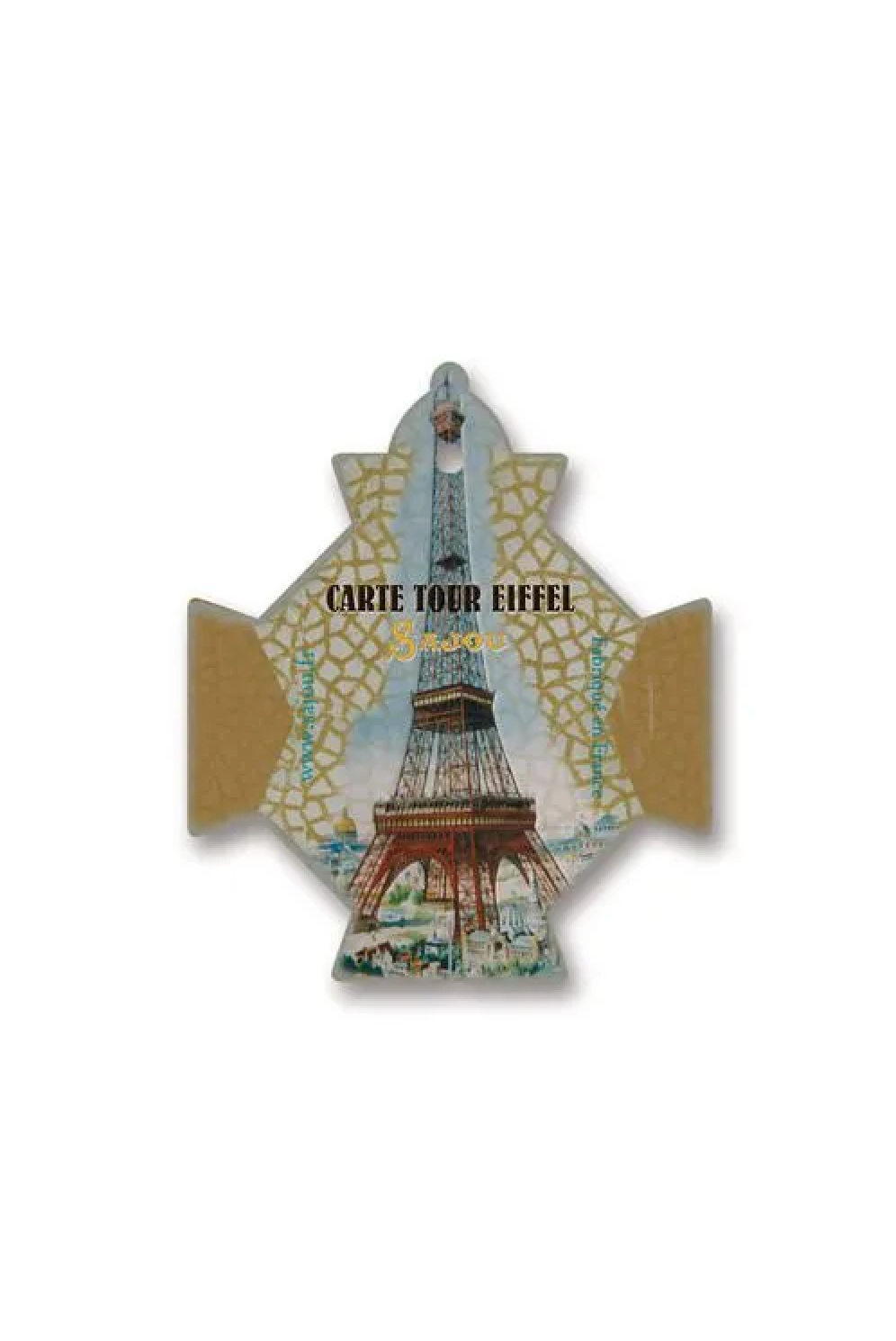 A decorative cross-shaped thread cards featuring an illustration of the Eiffel Tower with the text 'CARTE TOUR EIFFEL' and a gold patterned background, shown on a plain white background.
Photo by Sajou.fr [additional_image_link]