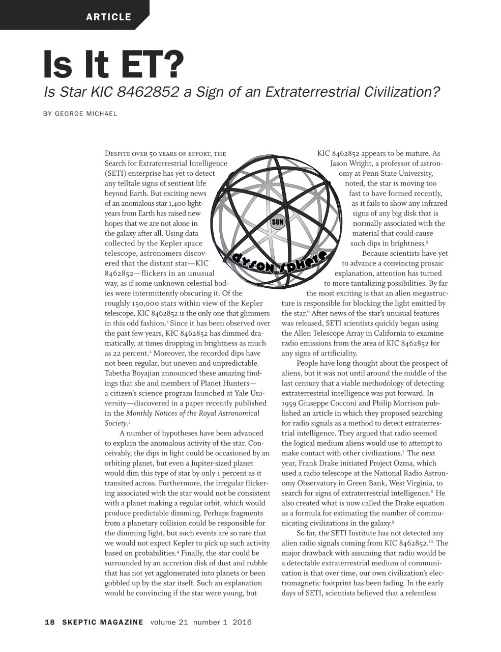 A single-page article layout from Skeptic Magazine, titled 'Is It ET?' by George McKenna, with two columns of black text on a white page.
[additional_image_link]
