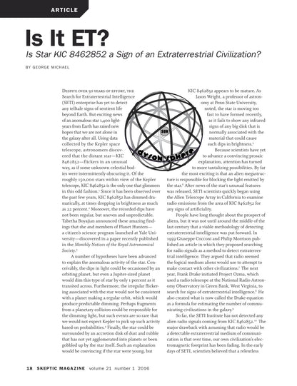 A single-page article layout from Skeptic Magazine, titled 'Is It ET?' by George McKenna, with two columns of black text on a white page.
[additional_image_link]