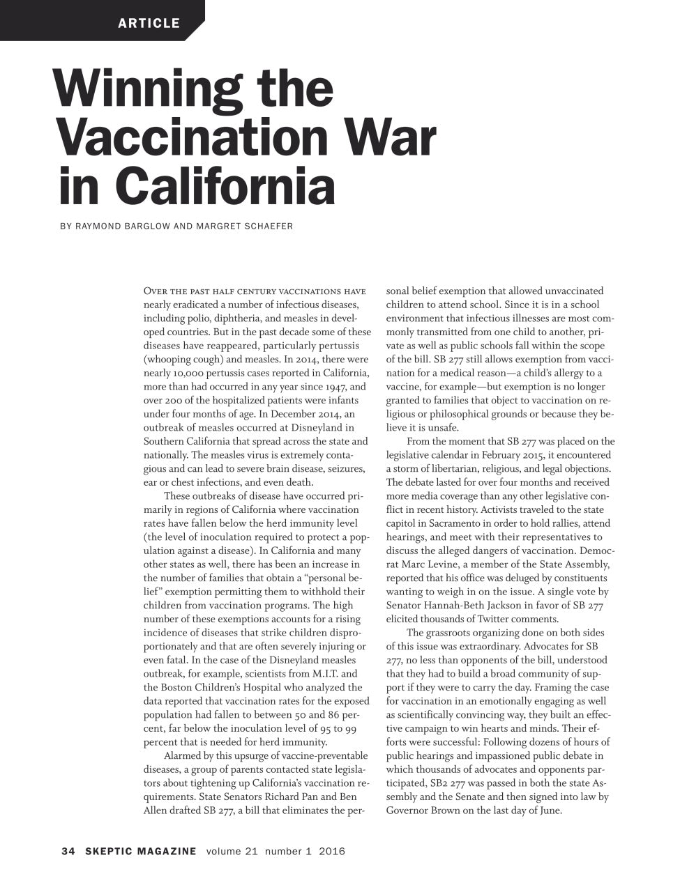 A single-page article layout from Skeptic Magazine, volume 21, number 1, 2016, with the headline 'Winning the Vaccination War in California' in large black text on a white page.
[additional_image_link]