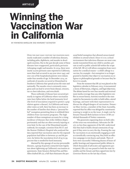 A single-page article layout from Skeptic Magazine, volume 21, number 1, 2016, with the headline 'Winning the Vaccination War in California' in large black text on a white page.
[additional_image_link]