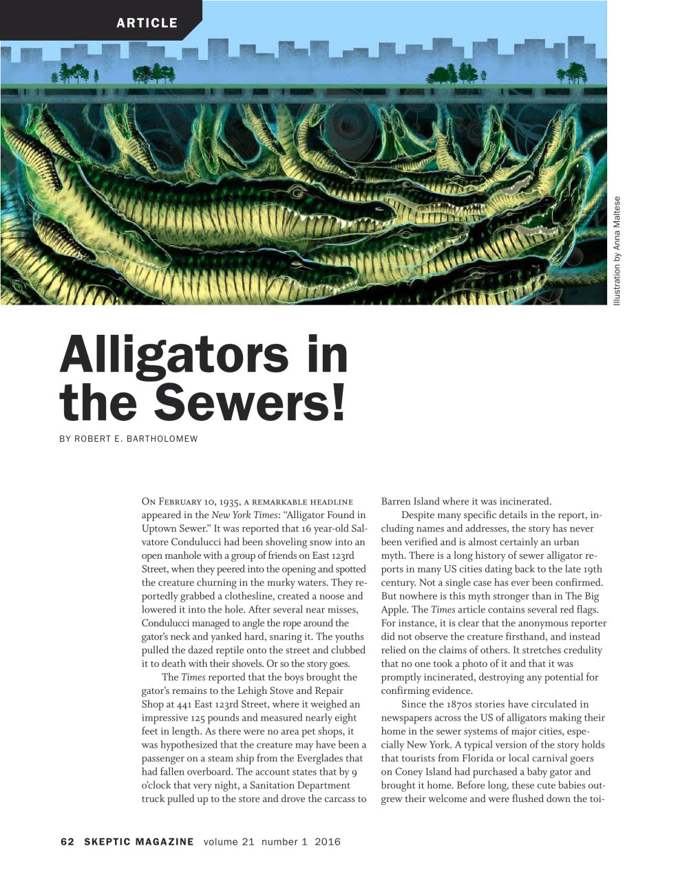 A single printed magazine page from Skeptic Magazine, volume 21, number 1, featuring an article titled 'Alligators in the Sewers!' with a large headline, body text, a small article header photo at the top, and a blue footer bar at the bottom.
[additional_image_link]