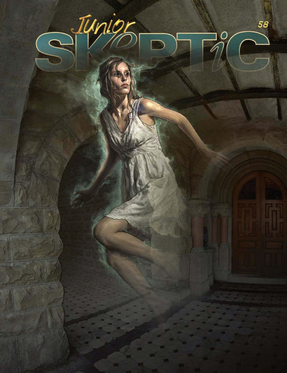 Cover of Junior Skeptic magazine featuring a woman in a white dress floating in a stone hallway, with the title 'Junior Skeptic' at the top.
[additional_image_link]