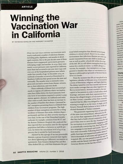 An open book showing a printed article page with the headline 'Winning the Vaccination War in California' and multiple columns of text.
[additional_image_link]