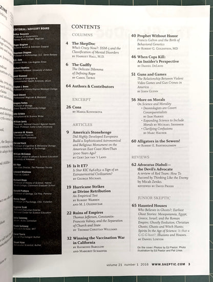 An open book showing the contents page of 'The Skeptical Review', volume 21, number 1, 2015. The left page features a black sidebar with article titles, authors, and publication details, while the right page lists article numbers and titles in white text on a light gray background.
[additional_image_link]