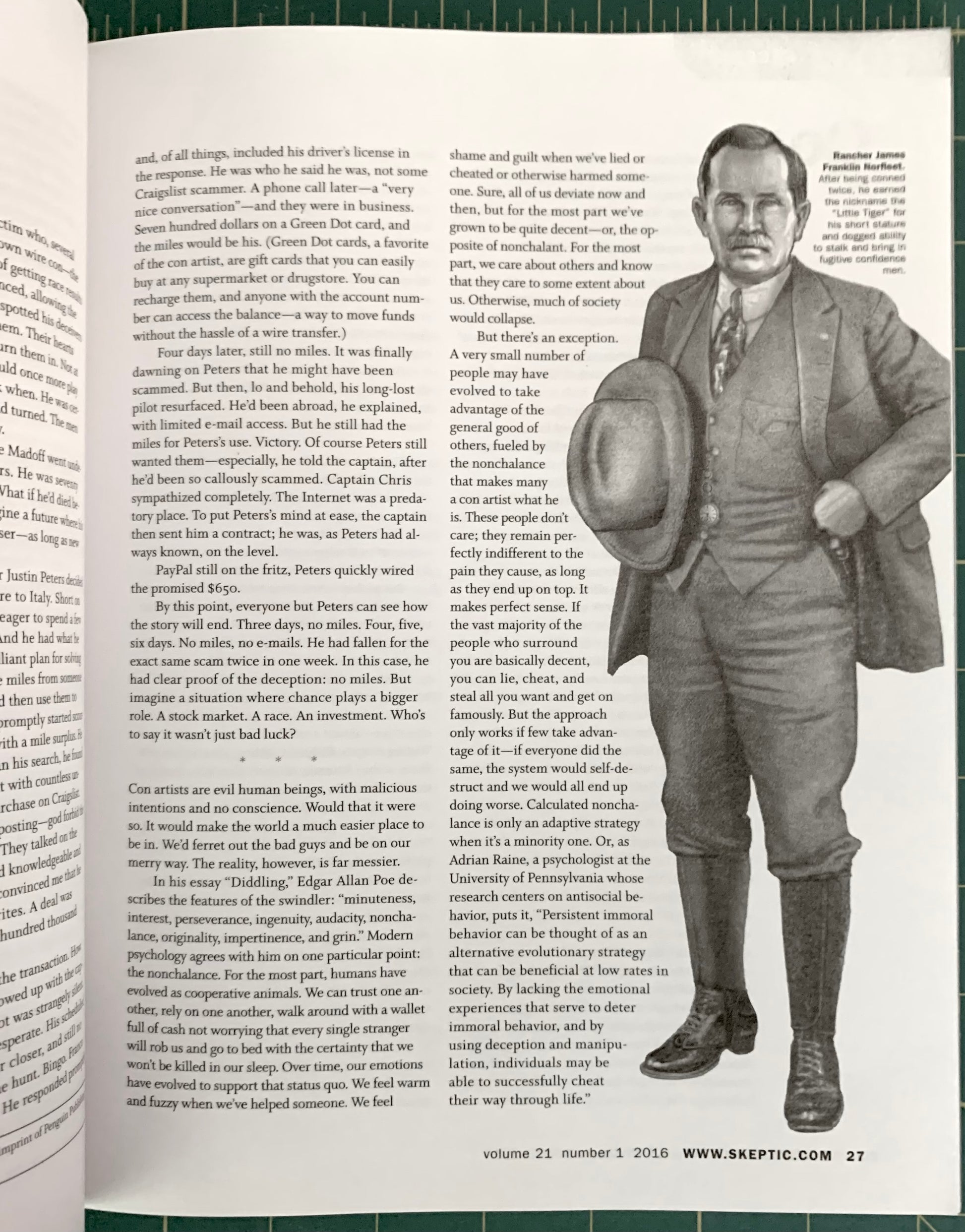 A printed magazine or book page spread showing a black-and-white photo of a man in a suit on the right and columns of text on the left, with a green textured border around the page.
[additional_image_link]