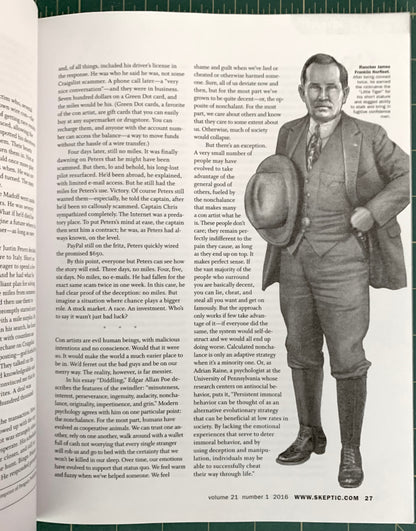 A printed magazine or book page spread showing a black-and-white photo of a man in a suit on the right and columns of text on the left, with a green textured border around the page.
[additional_image_link]