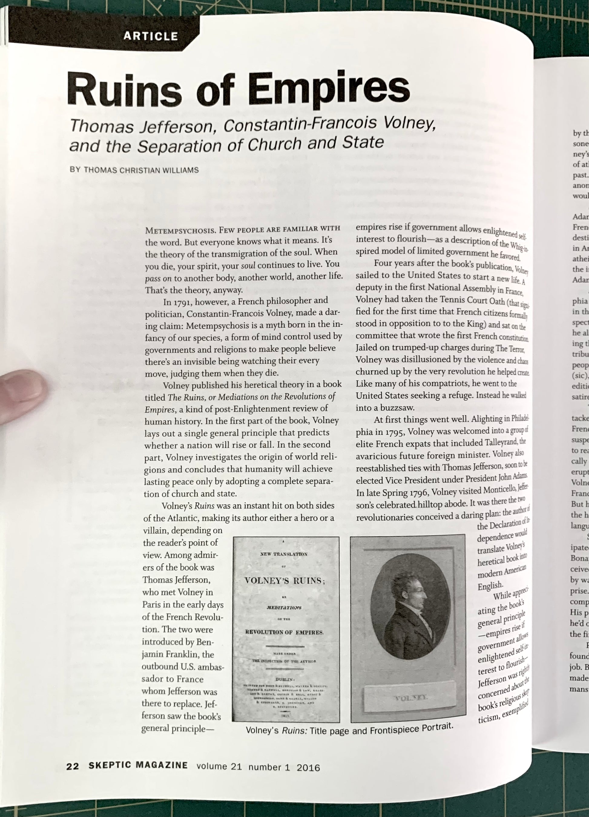 An open magazine spread showing a printed article titled "Ruins of Empires" with columns of text, a small black-and-white historical photo, and article metadata at the bottom.
[additional_image_link]