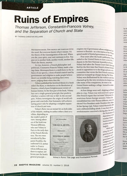 An open magazine spread showing a printed article titled "Ruins of Empires" with columns of text, a small black-and-white historical photo, and article metadata at the bottom.
[additional_image_link]