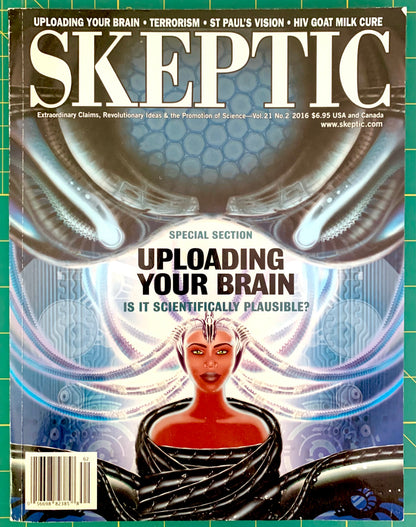 Front cover of Skeptic magazine featuring a futuristic sci-fi illustration with a woman's face and shoulders, glowing blue circular patterns, and large white title text reading 'SKEPTIC' at the top.
[image_link]