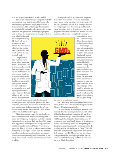 A printed magazine or book page with multiple columns of black text on a white page, plus a central yellow-and-black illustration of a person holding a glowing device above the words 'GMOs'.
[additional_image_link]