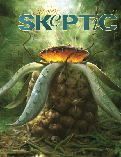 Cover of Junior Skeptic magazine featuring a fantasy illustration of a glowing orange mushroom-like creature with green leafy stalks on a brown textured base, set against a misty green background. The title 'Junior Skeptic' is printed at the top.
[additional_image_link]