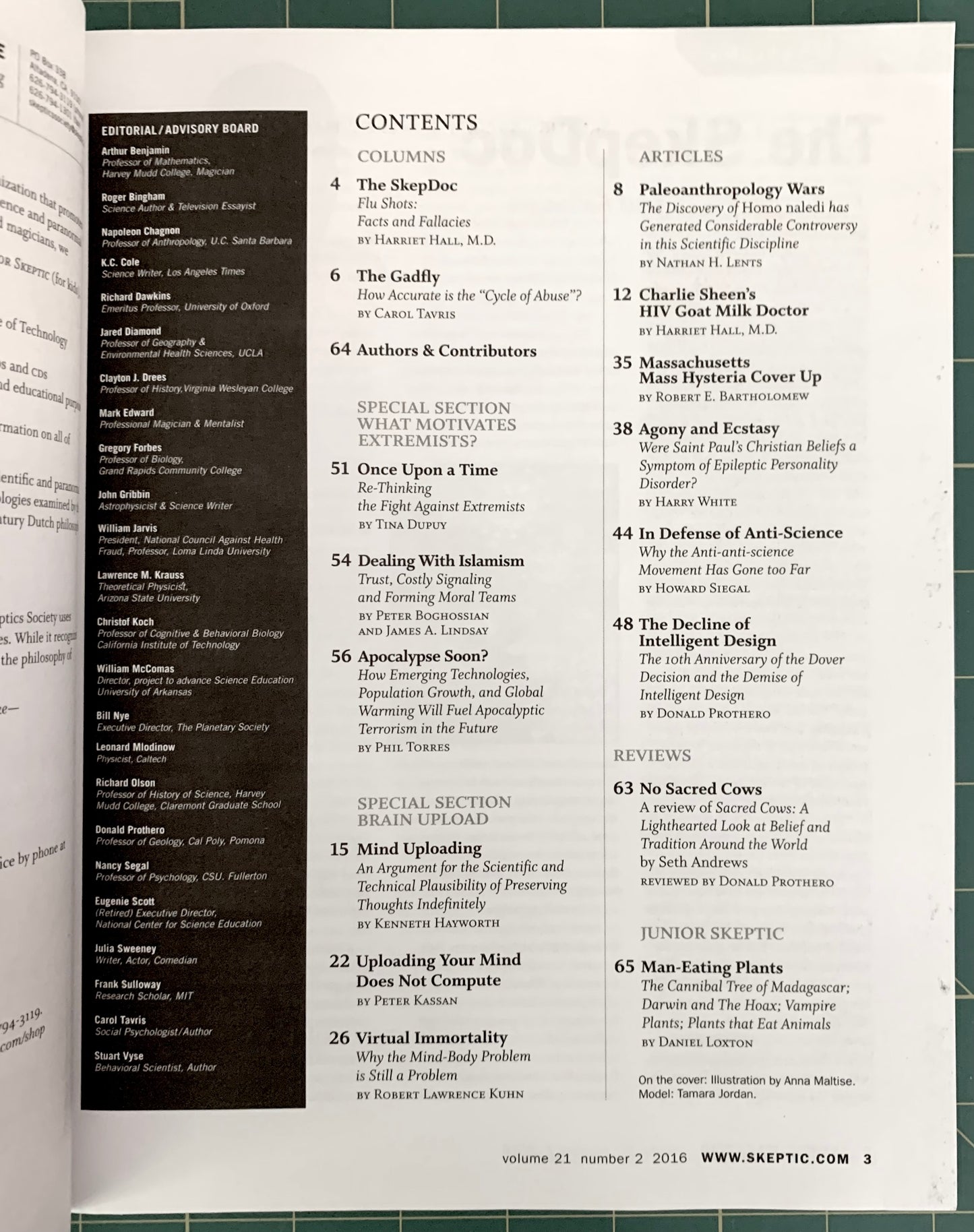 An open magazine or book spread showing the Table of Contents page, with a dark gray left column headed 'EDITORIAL COUNCIL BOARD' and two main columns of white text on a white page.
[additional_image_link]