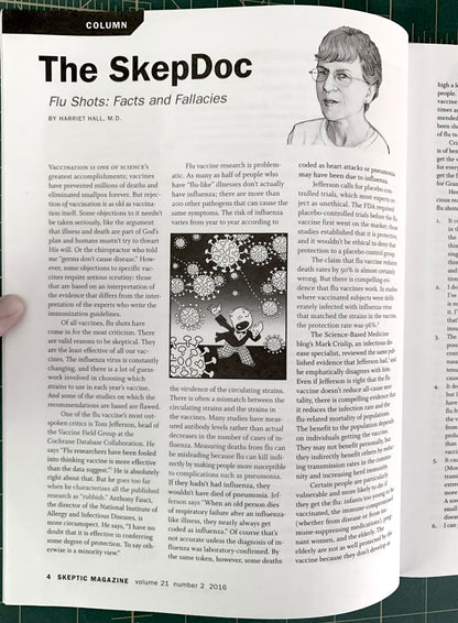 An open book or magazine spread showing a printed article titled 'The SkepticDoc' with text columns, a small black-and-white portrait, and a central collage image. A hand is visible holding the left page edge.
[additional_image_link]