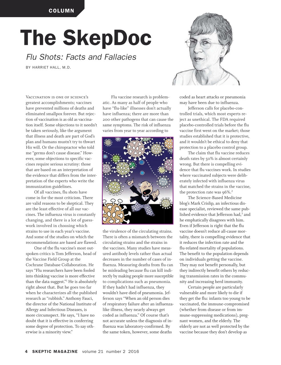 A single printed magazine page from Skeptic Magazine featuring an article titled "The Skeptoc" by Mark Balfour. The page has a white background with black text, a small grayscale photo of a man in a lab coat at the top right, and several small inset photos showing vaccines and medical scenes.
[additional_image_link]