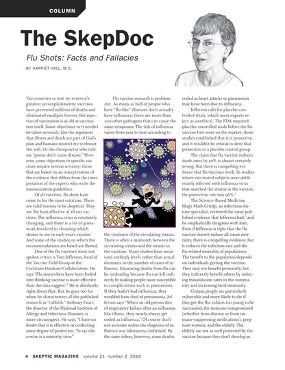 A single printed magazine page from Skeptic Magazine featuring an article titled "The Skeptoc" by Mark Balfour. The page has a white background with black text, a small grayscale photo of a man in a lab coat at the top right, and several small inset photos showing vaccines and medical scenes.
[additional_image_link]