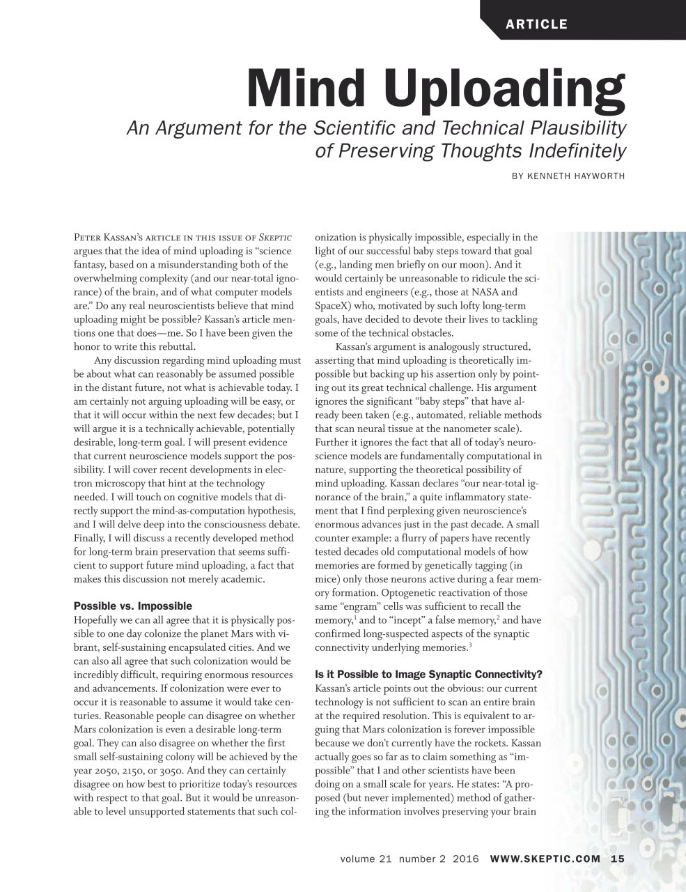 A printed article page titled 'Mind Uploading' with the subtitle 'An Argument for the Scientific and Technical Plausibility of Preserving Thoughts Indefinitely' by Kenneth Hinderforth. The page includes a header reading ARTICLE, multiple paragraphs of black text, a small photo of a brain at the bottom left, and a website credit at the bottom right.
[additional_image_link]
