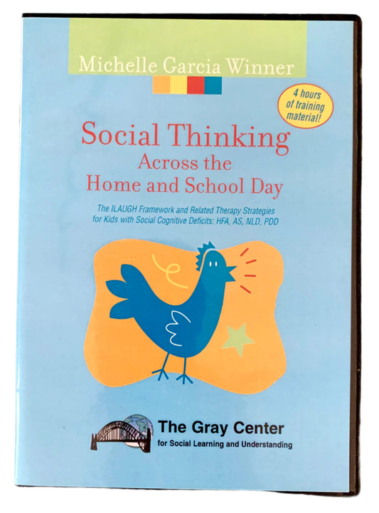 DVD cover for 'Social Thinking Across the Home and School Day' featuring an illustration of a bird with a book, and text detailing the content and author, Michelle Garcia Winner.
Photo by Karen King [image_link]