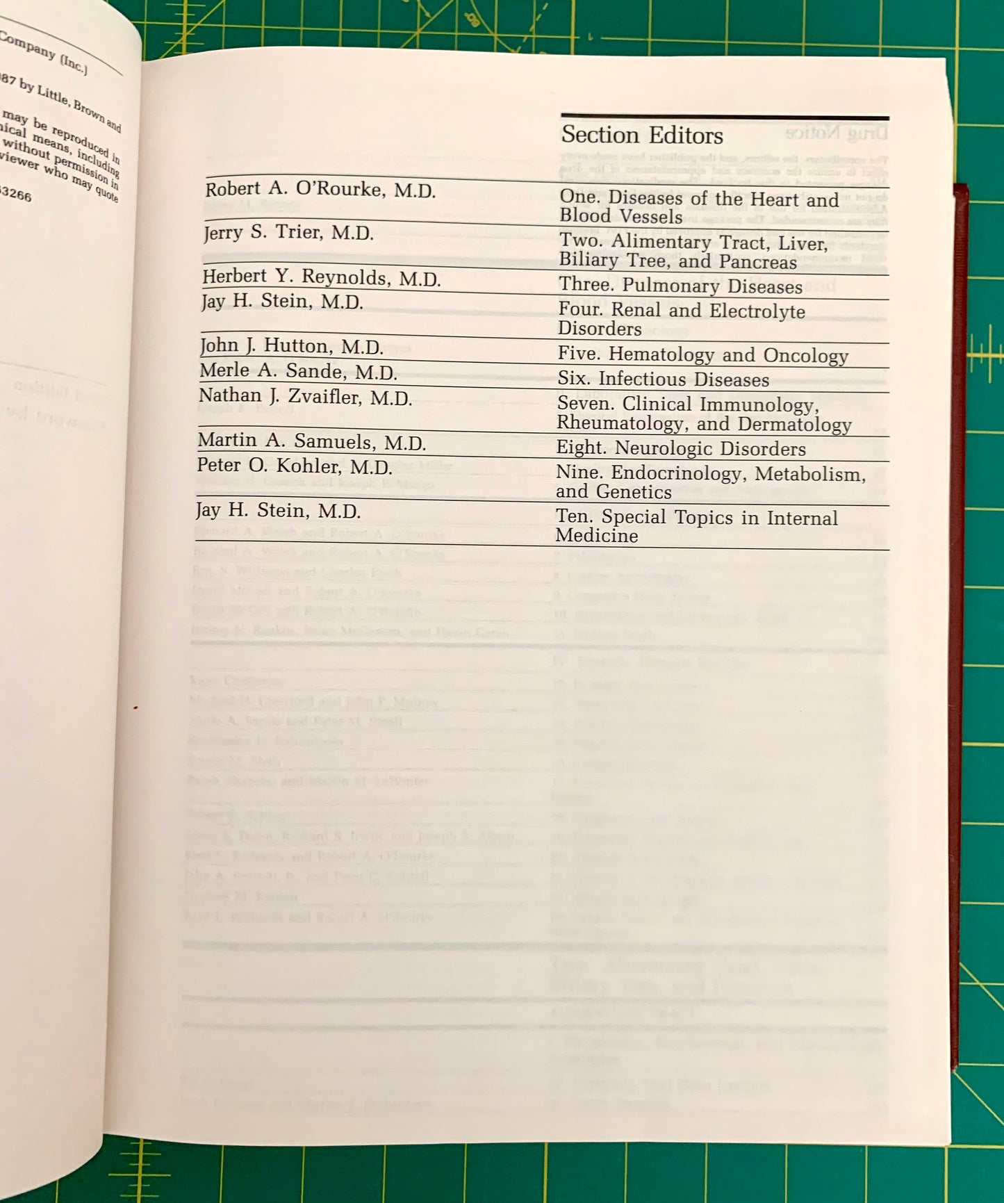 An open book showing printed table pages with names of section editors and medical topics, photographed on a green cutting mat background.
[additional_image_link]