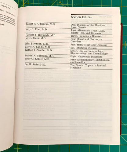 An open book showing printed table pages with names of section editors and medical topics, photographed on a green cutting mat background.
[additional_image_link]
