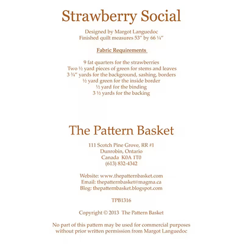 A page 'Strawberry Social' by The Pattern Basket. The page features fabric requirements listed in brown text on a clean white background.
Photo by ThePatternBasket.com [additional_image_link]