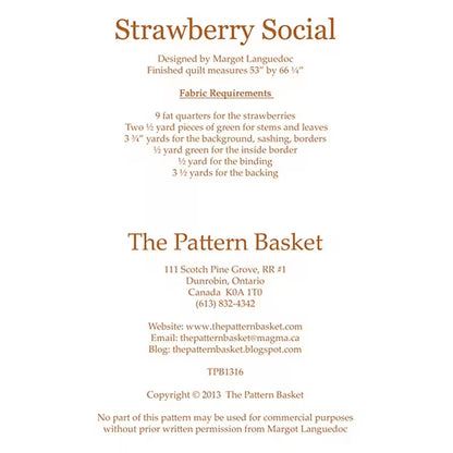 A page 'Strawberry Social' by The Pattern Basket. The page features fabric requirements listed in brown text on a clean white background.
Photo by ThePatternBasket.com [additional_image_link]